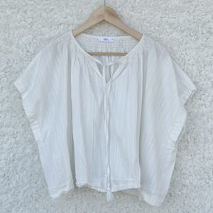 Tabulah White Cotton Smocked Tassel Tie Oversize‎ Blouse Top Small Boho Cottage